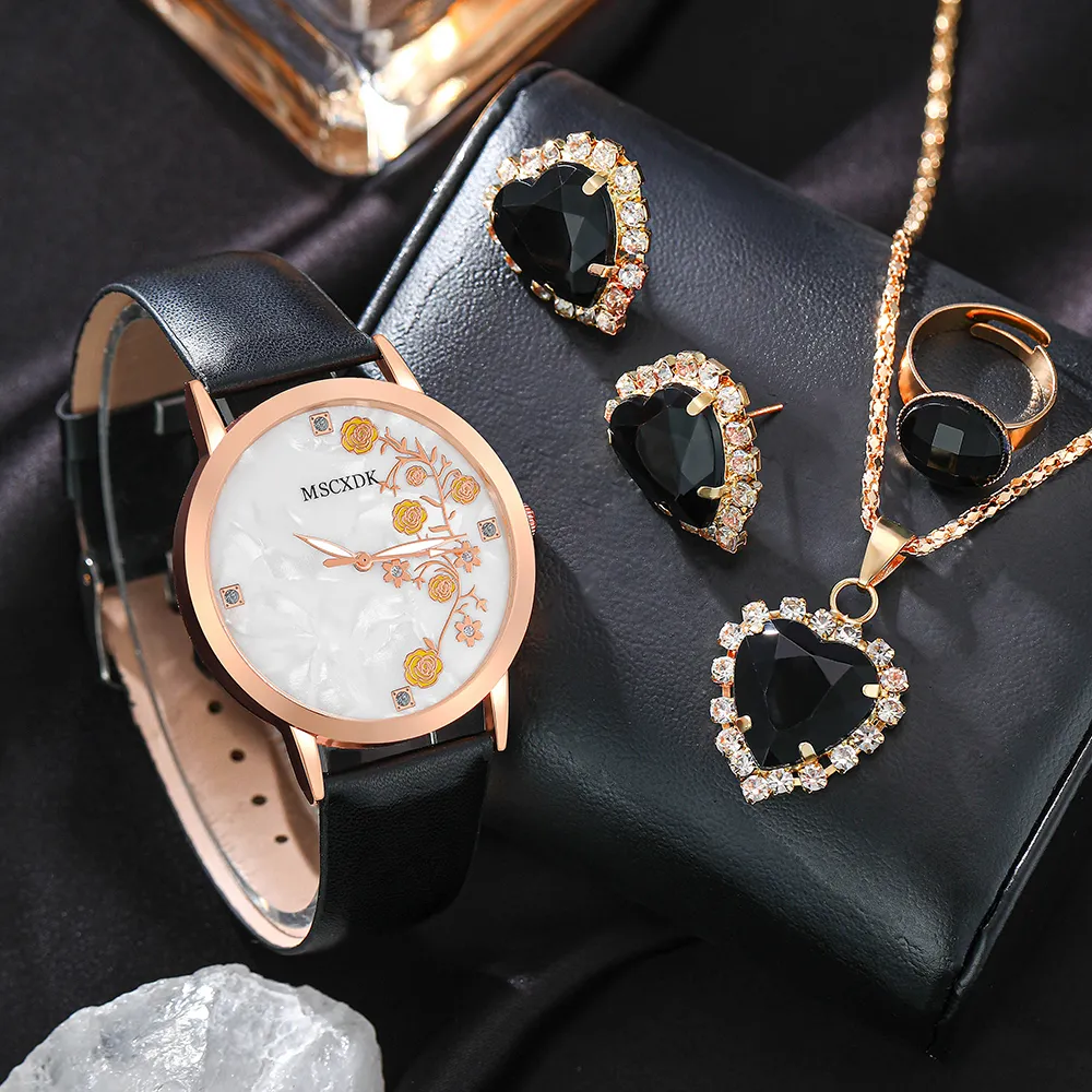 5PCS-Set-Luxury-Black-Watch-Women-Ring-Necklace-Earring-Rhinestone ...